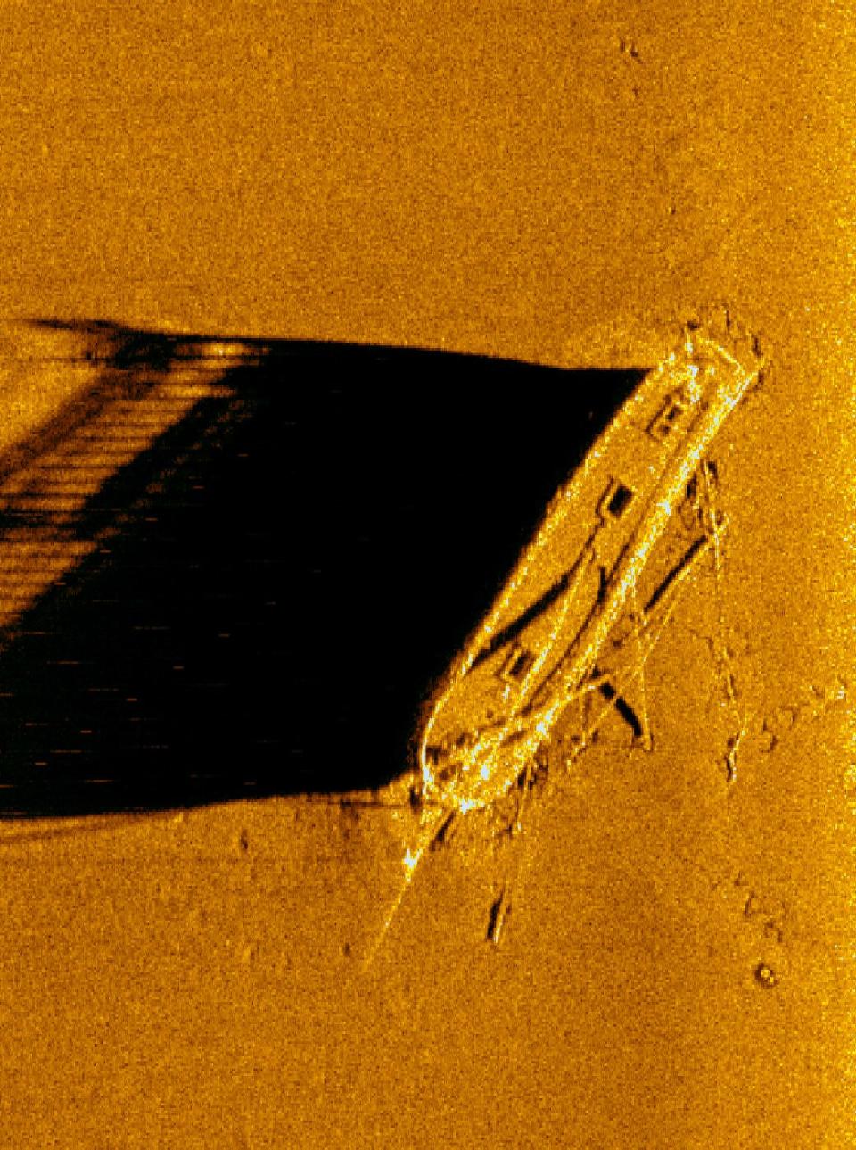 A sonar image of the schooner Gallinipper shows it resting in 210 feet of water, inside the Wisconsin Shipwreck Coast National Marine Sanctuary in Lake Michigan. Built in 1832, the Gallinipper is the oldest discovered shipwreck in Wisconsin waters.