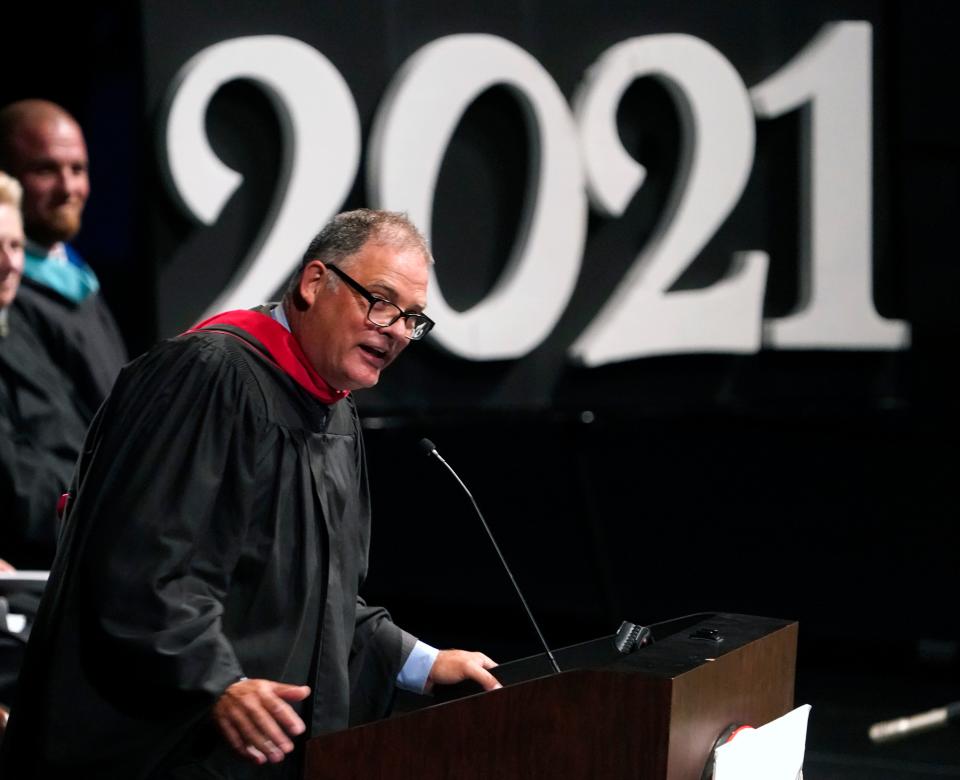 Principal Jeff Reaves speaks at Matanzas High School's commencement ceremonies at the Ocean Center in Daytona Beach, Fla., on June 2.