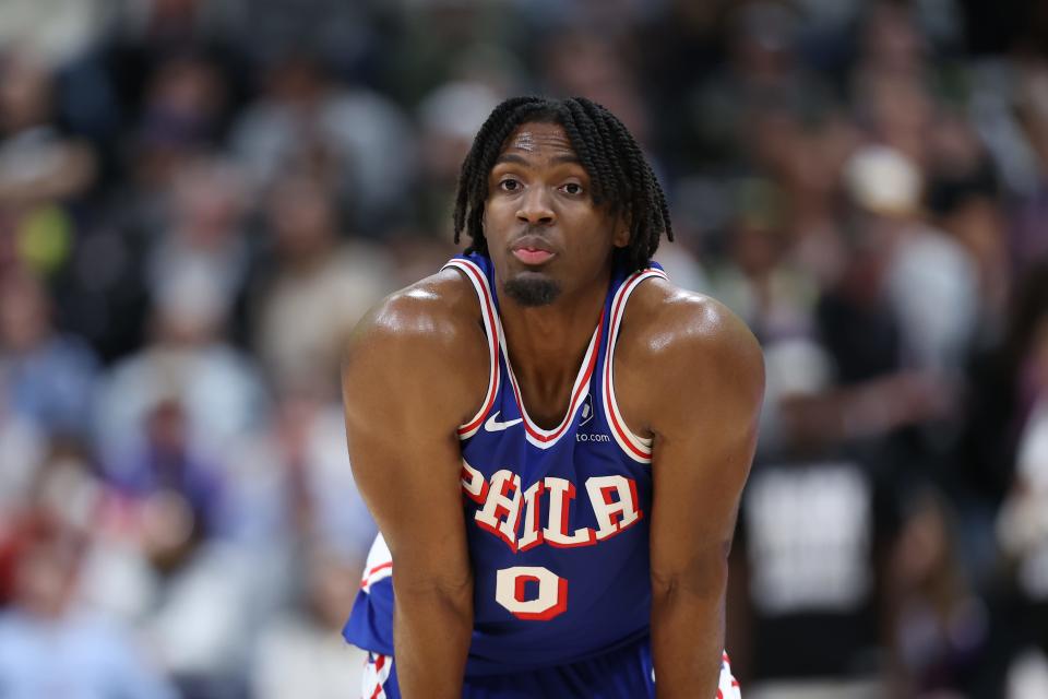 Feb 1, 2024; Salt Lake City, Utah, USA; Philadelphia 76ers guard Tyrese Maxey (0) looks on while the Utah Jazz shoot foul shots during the third quarter at Delta Center. Mandatory Credit: Rob Gray-USA TODAY Sports