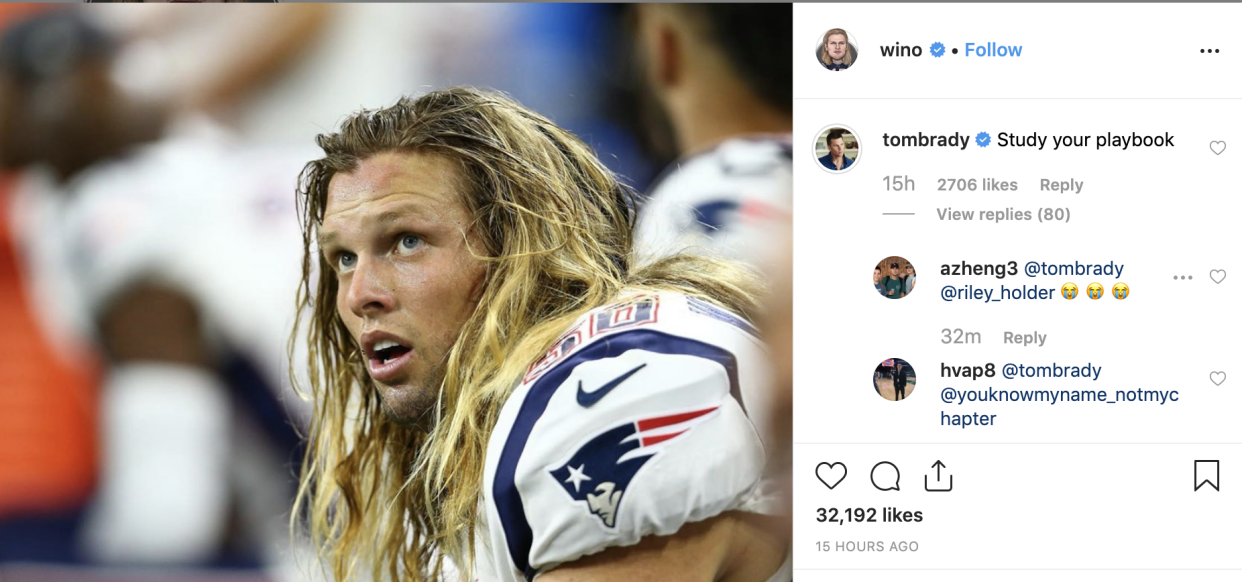 Tom Brady let rookie Chase Winovich know he needed to study the playbook. (Image via @wino on Instagram)