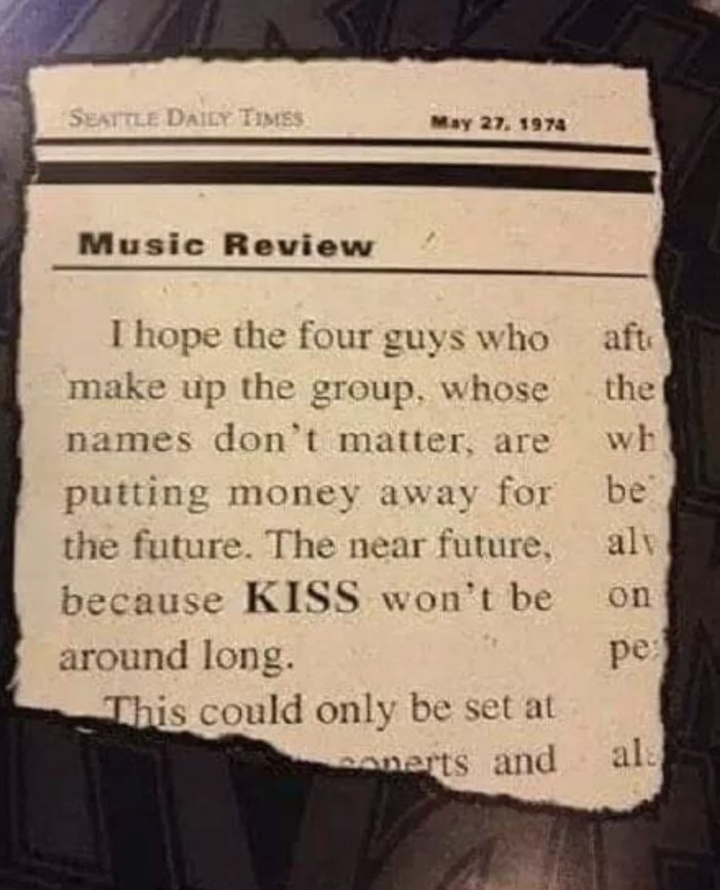 Newspaper clip from 1974 doubting the longevity of the band KISS