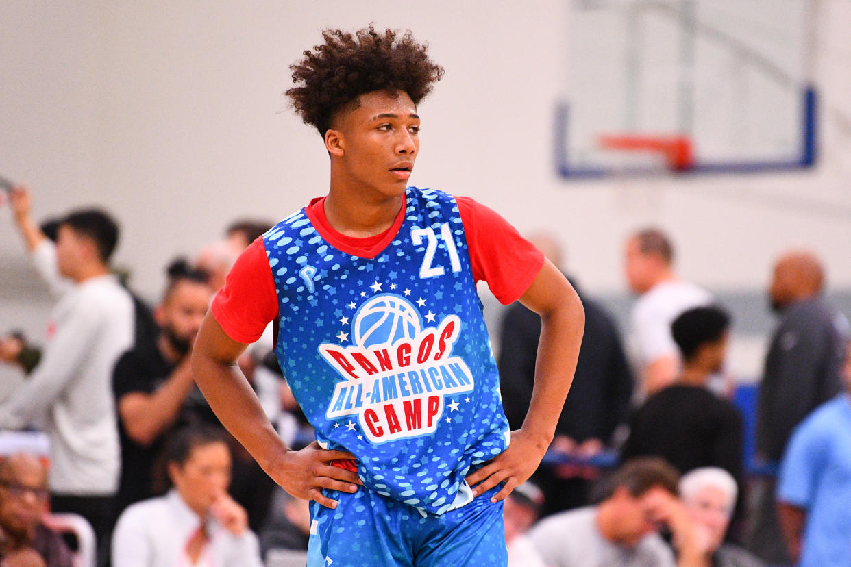 Mikey Williams looks on during the Pangos All-American Camp on June 2, 2019.