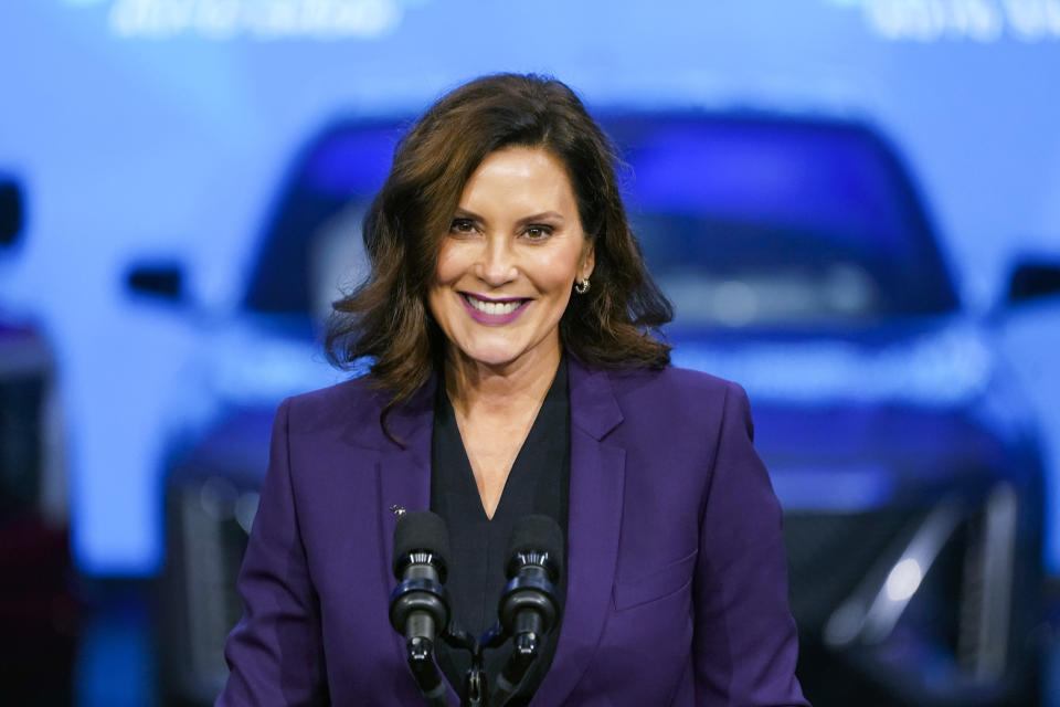 FILE - Michigan Gov. Gretchen Whitmer speaks at the North American International Auto Show in Detroit, Sept. 14, 2022. The Republican candidate for Michigan governor has compared Whitmer’s policies to the 2020 plot to kidnap the Democratic incumbent. Tudor Dixon's remarks at two events Friday, Sept. 23, immediately drew criticism from Democrats who said she was making light of a serious and dangerous crime. (AP Photo/Paul Sancya, File)