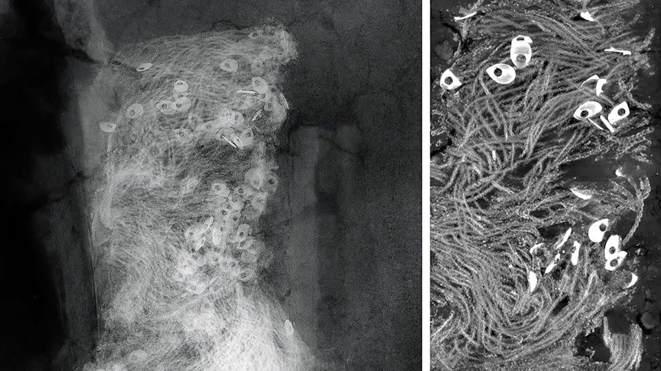 An X-ray scan (left) of the spangled military sash fringed in silver (right) found in the grave of Captain William West. - Jamestown Rediscovery Foundation (Preservation Virginia)