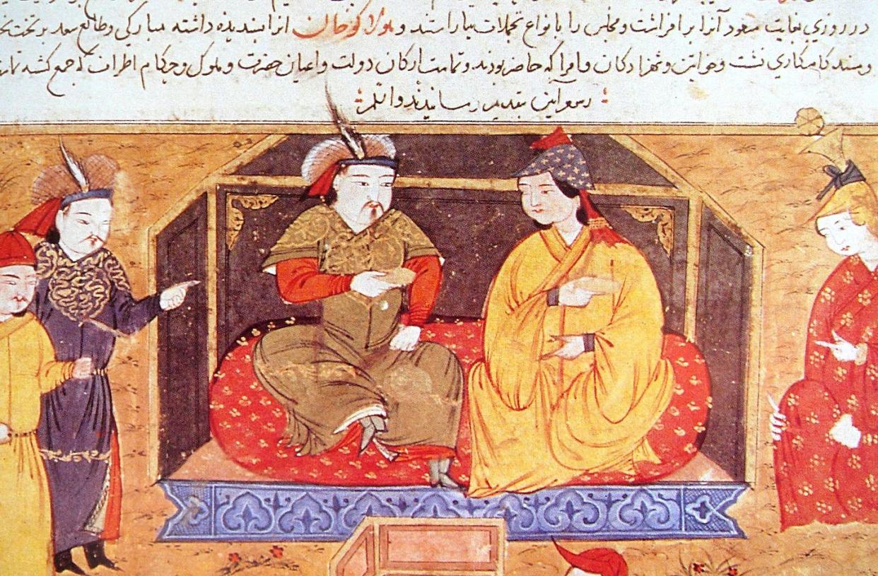 Hulagu Khan, grandson of Genghis Khan, seated with his Eastern Christian queen Doquz Khatun. <a href="https://www.gettyimages.com/detail/news-photo/hulagu-khan-also-known-as-hulegu-hulegu-or-halaku-was-a-news-photo/1354437053?adppopup=true" rel="nofollow noopener" target="_blank" data-ylk="slk:History/Universal Images Group via Getty Images;elm:context_link;itc:0;sec:content-canvas" class="link ">History/Universal Images Group via Getty Images</a>