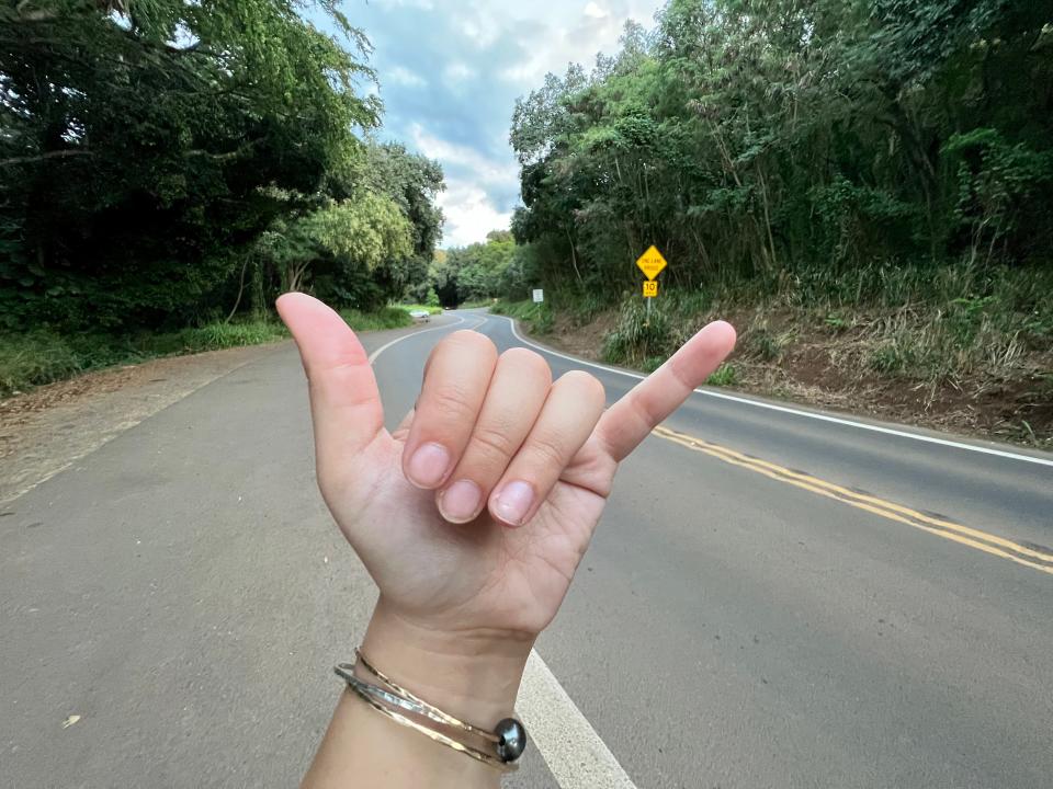 Shaka hand sign in front of a road