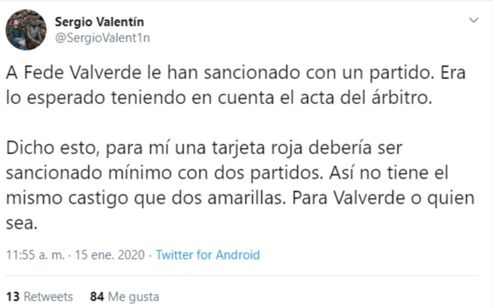 Críticas por la sanción de un partido a Fede Valverde tras su expulsión