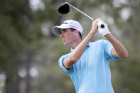 Chesson Hadley hits off the eighth tee during the first round of the Palmetto Championship golf tournament in Ridgeland, S.C., Thursday, June 10, 2021. (AP Photo/Stephen B. Morton)
