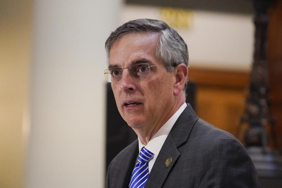 Georgia Secretary of State Brad Raffensperger speaks during a news conference on Friday, Nov. 20, 2020, in Atlanta. Georgia’s top elections official said he will certify that Joe Biden won the state's presidential election after a hand tally stemming from a mandatory audit affirmed the Democrat's lead over Republican President Donald Trump. Raffensperger said during the news conference Friday that he believes the numbers his office has presented are correct.(AP Photo/Brynn Anderson)