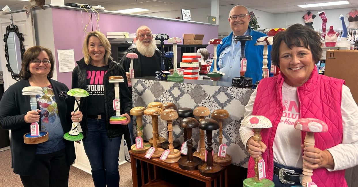 From left to right are Jackie Staiti, owner, Amanda Thomas Wig Boutique; Ronda Crystal, co-founder, Pink Revolution of NH; Ronald Marcoux, VP, Granite State Woodturners; Rick Manganello, President, Granite State Woodturners; Lauren Caulfield, co-founder, Pink Revolution of NH.