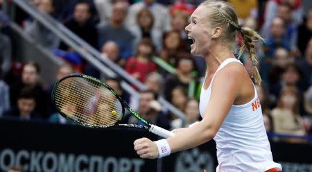 Kiki Bertens of the Netherlands celebrates her victory over Russia's Svetlana Kuznetsova in their Fed Cup World Group tennis match in Moscow, February 7, 2016. REUTERS/Grigory Dukor