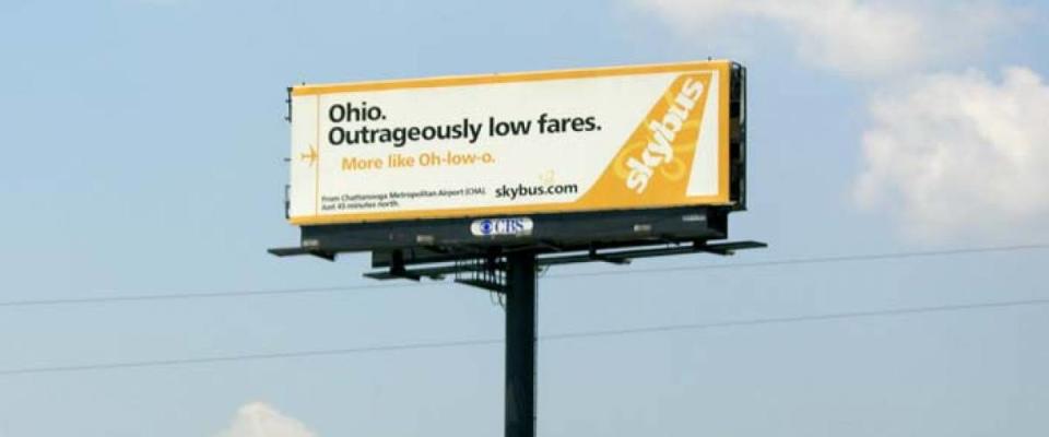 Skybus Airlines billboard along Interstate 75 south of Dalton, Georgia in July 2008