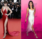 <p>Neben üppigen Samt war Seide das andere Trendmaterial 2016: Zarte Negligé-Looks aus hauchdünnem Stoff wie Bella Hadids legendäres Cannes-Dress und Kendall Jenners schlichter Traum in Weiß brachten dieses Jahr scharenweise Paparazzi um den Verstand. (Bilder: WENN, Getty Images) </p>