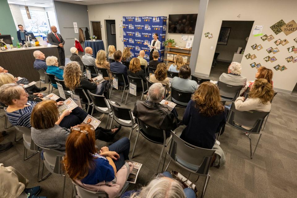 Former Indiana Attorney General Curtis Hill, Republican candidate for Indiana Governor, spoke to a small crowd of voters, Tuesday, March 19, 2024, at MaxLiving Indy, a chiropractic facility on the Northside of Indianapolis.