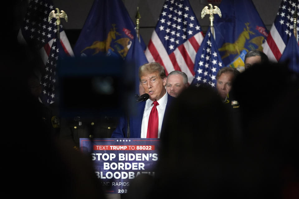 Republican presidential candidate former President Donald Trump speaks at a campaign event in Grand Rapids, Mich., Tuesday, April 2, 2024. (AP Photo/Paul Sancya)