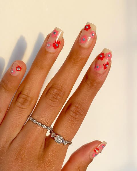 5) This Pink and Red Floral Design for Easter Nails