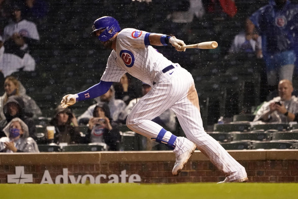 Chicago Cubs' Kris Bryant watches his RBI single off Washington Nationals starting pitcher Patrick Corbin during the fifth inning of a baseball game Tuesday, May 18, 2021, in Chicago. (AP Photo/Charles Rex Arbogast)