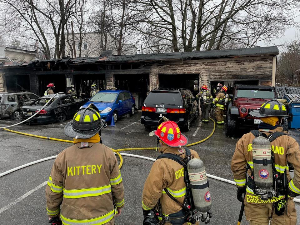 Cars were destroyed in a fire in a storage garage in Kittery, Maine, Friday, April 12, 2024