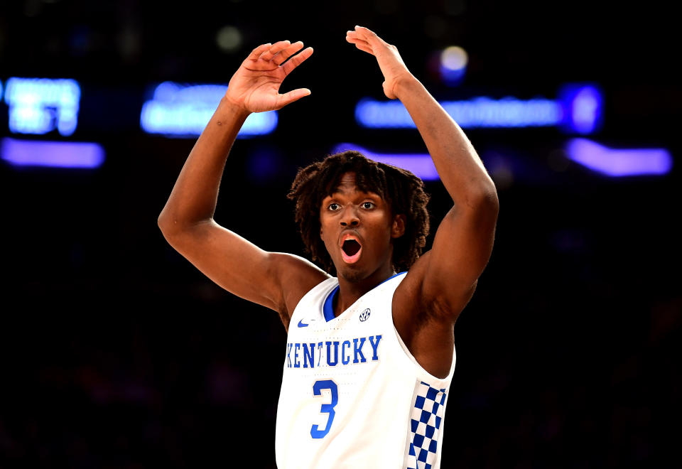 Tyrese Maxey #3 of the Kentucky Wildcats reacts in the second half of their game against the Michigan State Spartans on Tuesday. (Getty)