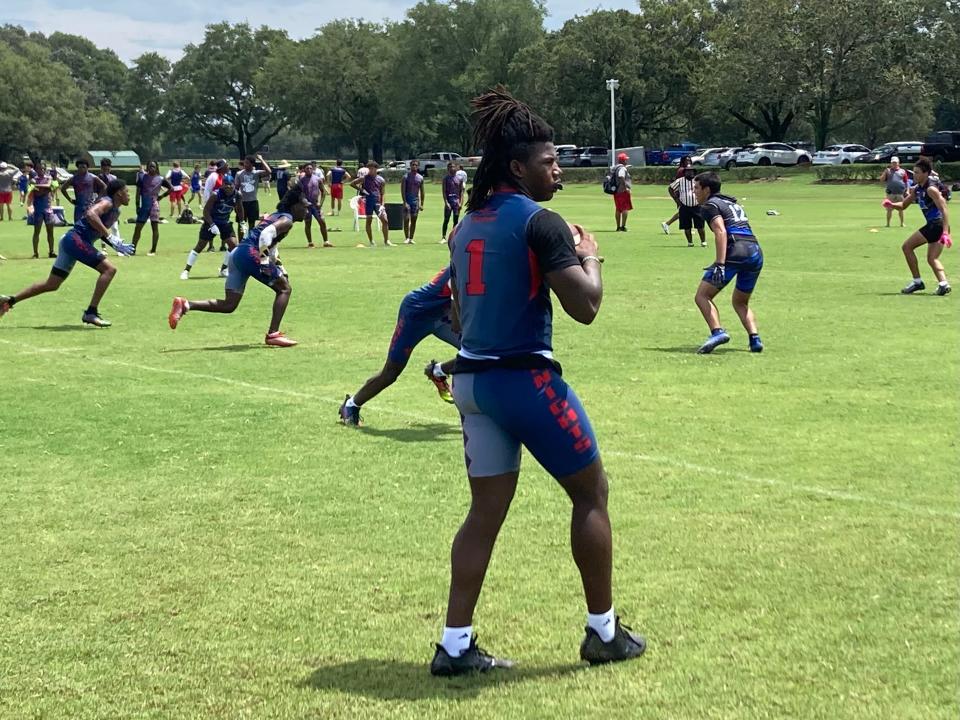 Vanguard quarterback Fred Gaskin surveys the field during the Florida High School 7v7 Association State Championship Tournament at the Villages Polo Grounds on Friday.