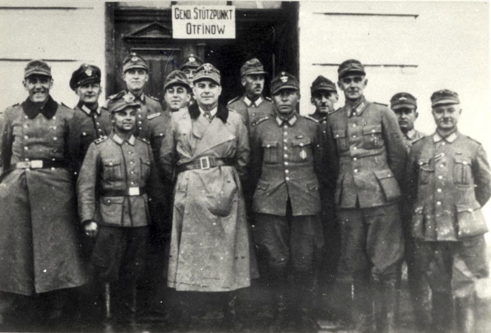 This undated World War II photo released by the Yad Vashem Holocaust memorial shows a group of Polish gendarmes. A prominent Polish historian presented new evidence Wednesday, March 14, 2017, about Polish villagers' widespread killing of Jews fleeing Nazis during World War II, touching a raw nerve in a country still grappling with its role during the Holocaust. (Yad Vashem via AP)