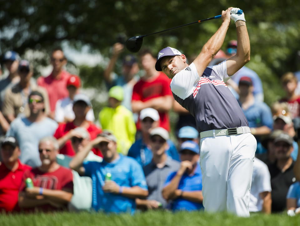 Sergio Garcia of Spain tees off on the fifth hole during the first round of the the Canadian Open golf tournament at Glen Abbey in Oakville, Ontario, Thursday, July 26, 2018. (Nathan Denette/The Canadian Press via AP)