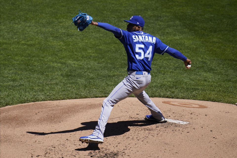 Kansas City Royals pitcher Ervin Santana throws against the Minnesota Twins in the first inning of a baseball game, Saturday, May 29, 2021, in Minneapolis. (AP Photo/Jim Mone)