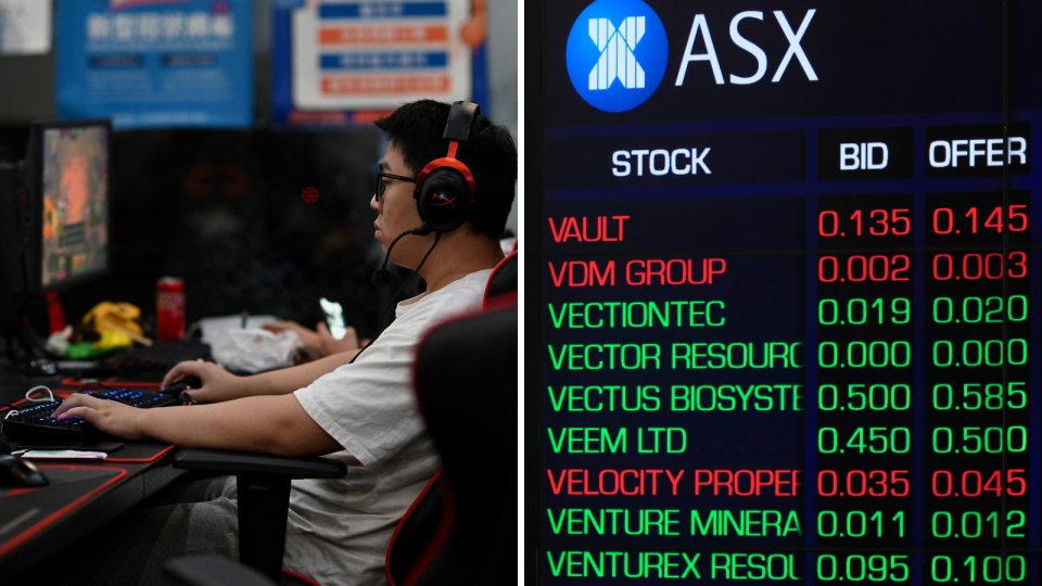 A young man plays a video game and the ASX board