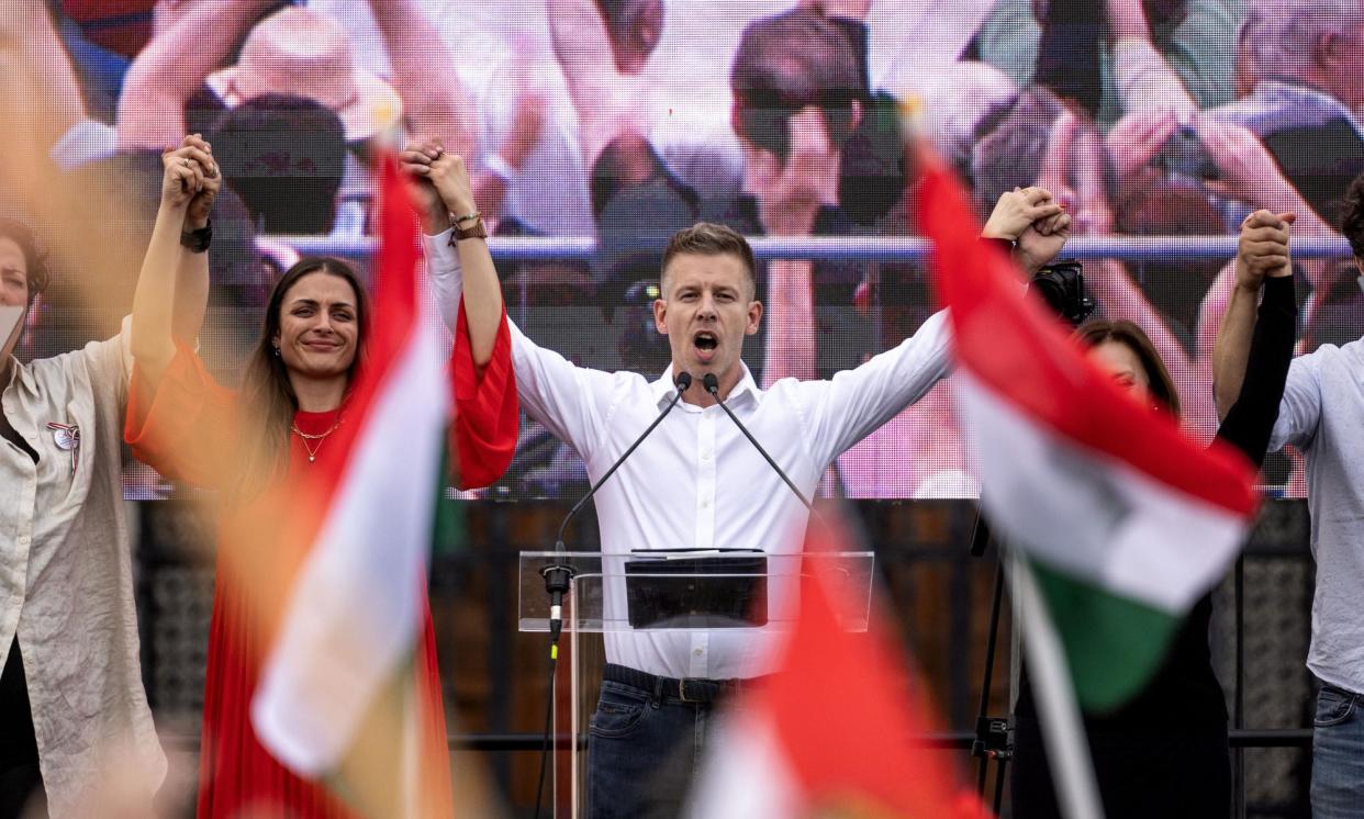 <span>Péter Magyar leading a rally in front of the Hungarian parliament in Budapest on Saturday.</span><span>Photograph: János Kummer/Getty Images</span>