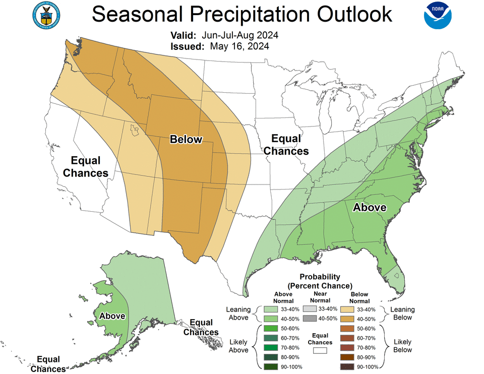 The National Weather Service's Climate Prediction Center predicts that North Carolina will see above normal precipitation levels in June, July and August.