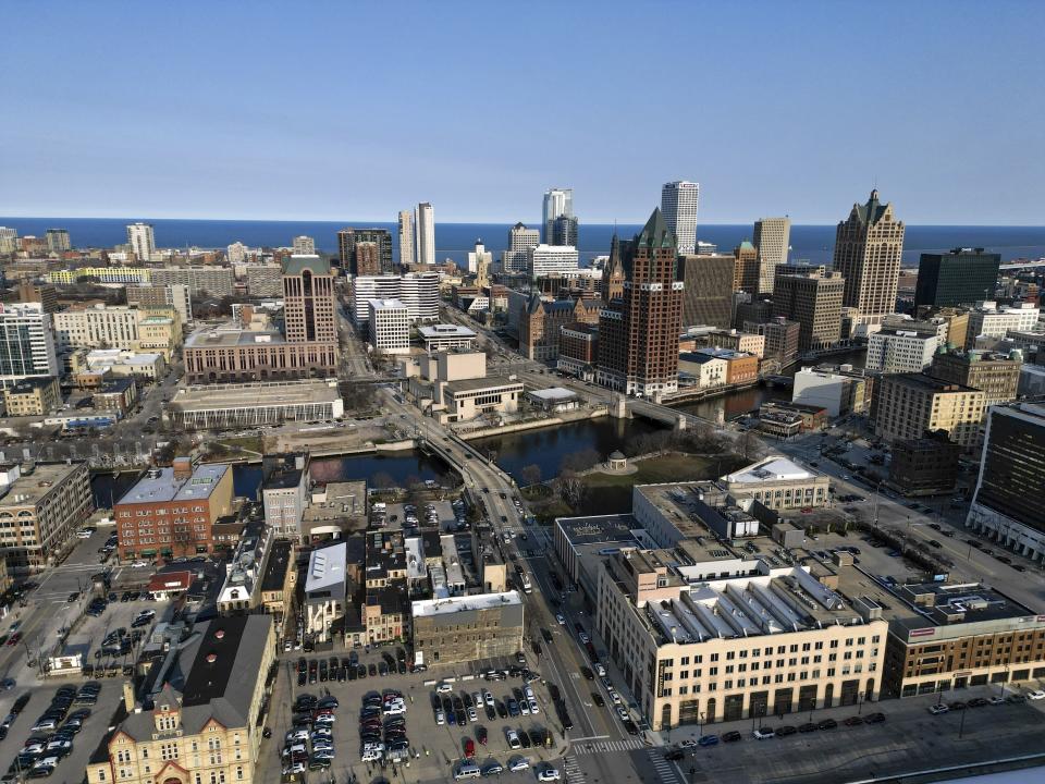 FILE - The Milwaukee city skyline is seen on April 7, 2023, in Milwaukee. Some of the largest U.S. cities challenging their 2020 census numbers aren't getting the results they hoped for from the U.S. Census Bureau. (AP Photo/Morry Gash, File)