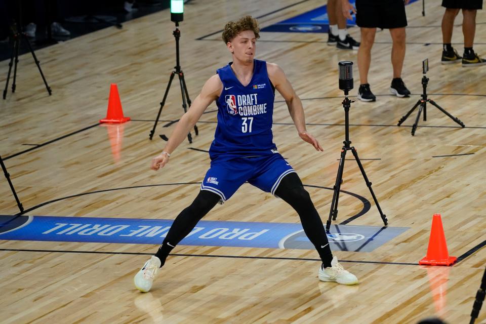 Brandin Podziemski shows off his lateral movement for scouts at the NBA draft combine in Chicago.