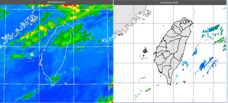 圖：3日20時歐洲模式(ECMWF)，模擬下週(7)日11時地面及降水(左)圖顯示，鋒面即將觸及台灣。美國模式(GFS)模擬下週日8時，鋒面速度較快，已影響台灣，但結構較鬆散，伴隨的降雨亦較少(右圖)。