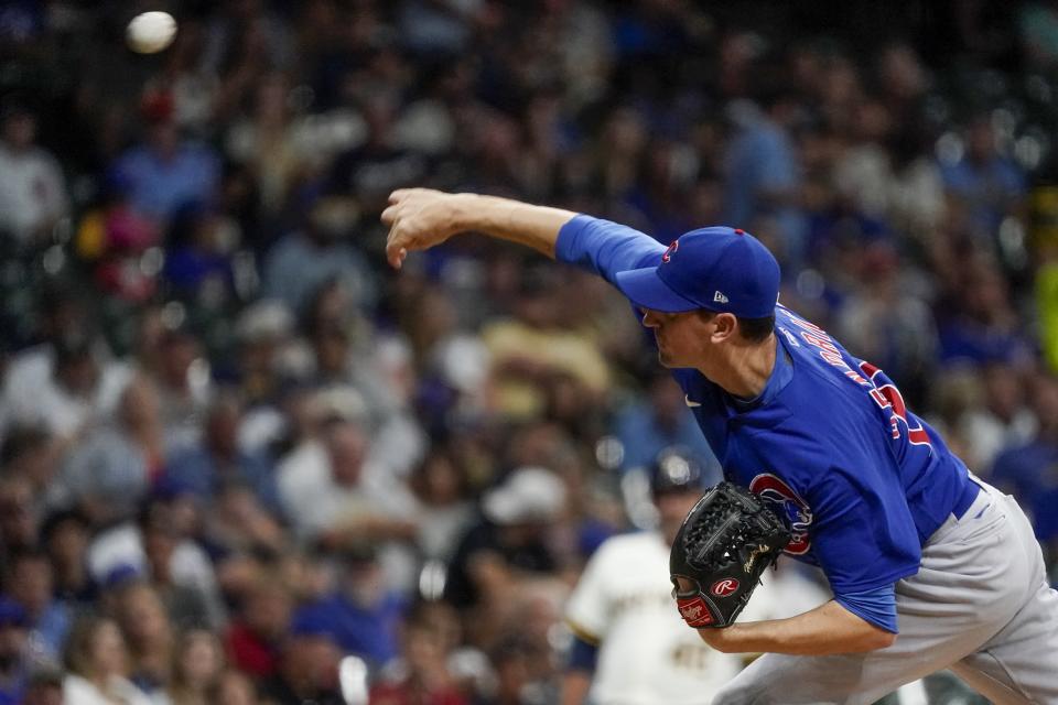 Chicago Cubs starting pitcher Kyle Hendricks throws during the first inning of a baseball game against the Milwaukee Brewers Tuesday, July 5, 2022, in Milwaukee. (AP Photo/Morry Gash)