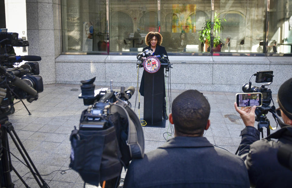 Baltimore State’s Attorney Marilyn Mosby addresses the media outside her office on a day after her indictment on federal perjury charges on Friday, Jan. 14, 2022. A lawyer for Baltimore's top prosecutor, A. Scott Bolden, has outlined her defense against federal criminal charges stemming from her purchase of two Florida vacation homes. (Jerry Jackson/The Baltimore Sun via AP)