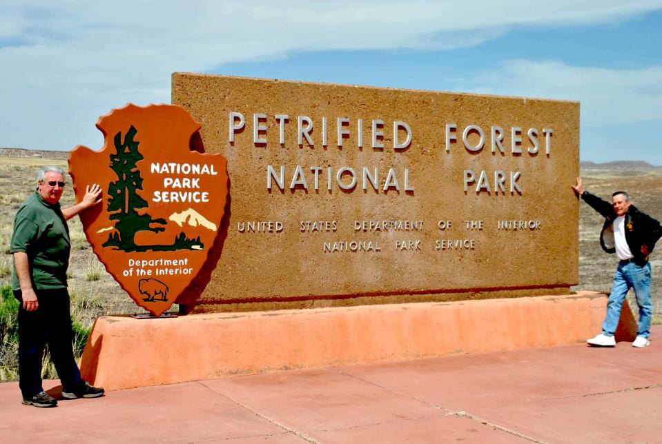 Ken Lewis, left, and Marcel Cartier took time off from fishing to visit Petrified Forest National Park in Arizona.