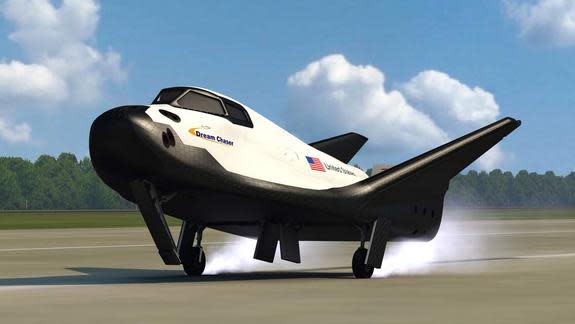 An artist's depiction of the Dream Chaser vehicle landing on a conventional runway at the end of its mission.