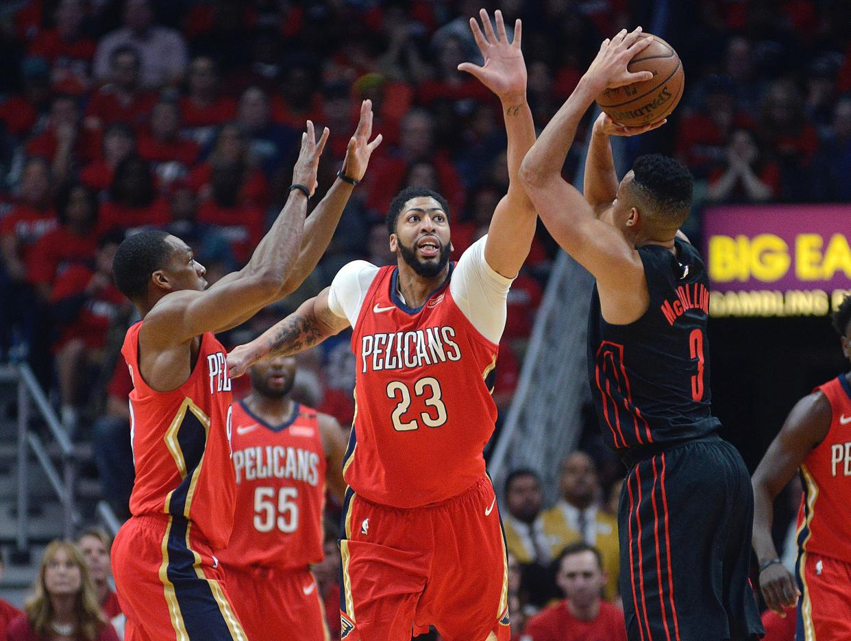 Anthony Davis capped his playoff coming out party with a dominant Game 4 performance to complete a stunning Pelicans sweep of the Trail Blazers. (AP)