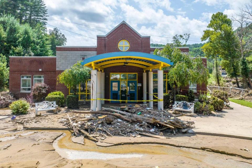 Debris and mud surround the entrance to Robinson Elementary School near Ary in Perry County, Ky., on Tuesday, Aug. 2, 2022. Flood waters devastated many communities in Eastern Kentucky last week.