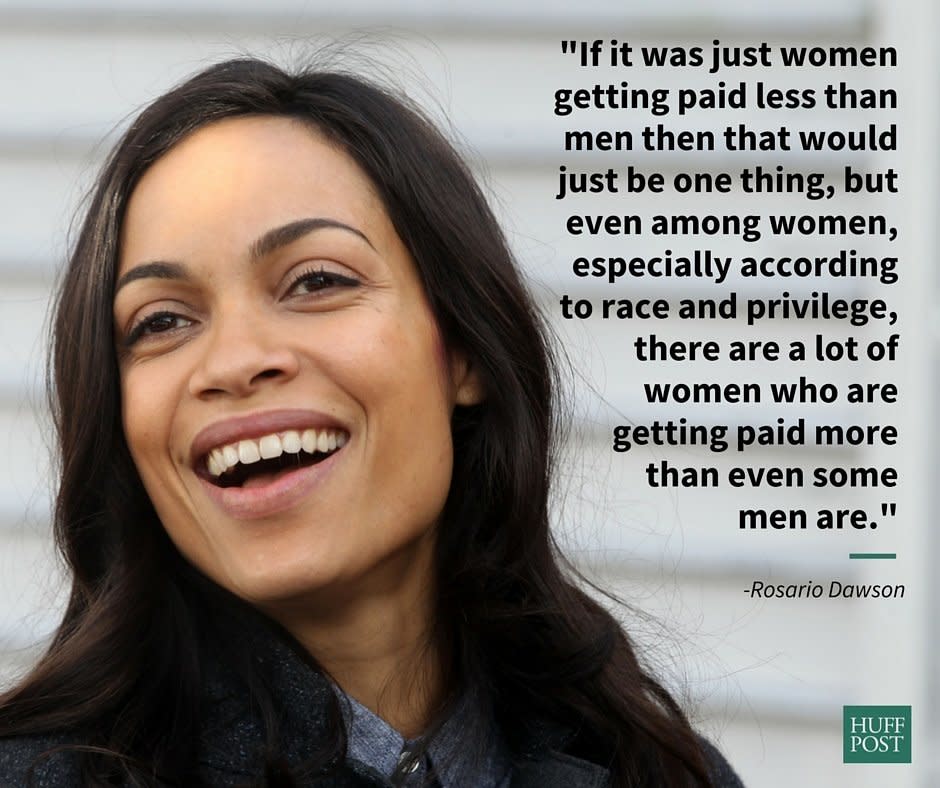 In a November 2015 interview with MTV, Rosario Dawson talked about how&nbsp;the pay gap is different for women of color. "It&rsquo;s a very complex situation when you think about what are black women making in comparison to white women, what are Latin women making, what are Asian women making in comparison," she&nbsp;said. "And it gets even more convoluted."<br /><br />"Male, female, young or old, when people aren&rsquo;t properly being paid for the job, what that does for their children and their access and opportunities&hellip; it just builds up," Dawson added. "Generationally we&rsquo;re impacting people and I hope that that changes."<br /><br /><i>Head over to <a href="http://www.mtv.com/news/2423831/rosario-dawson-wage-gap/" target="_blank">MTV</a> to read the rest of Dawson's interview.&nbsp;</i>