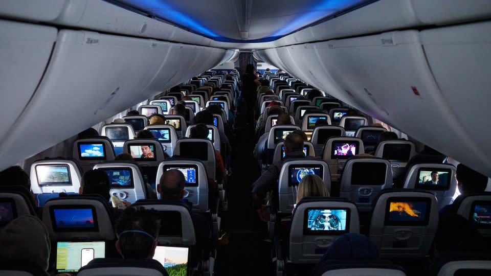 Passengers on a Boeing 737 Max 8 plane during a United Airlines flight departing from Newark Liberty International Airport in Newark, New Jersey, on March 13, 2024. - Bing Guan/Bloomberg/Getty Images