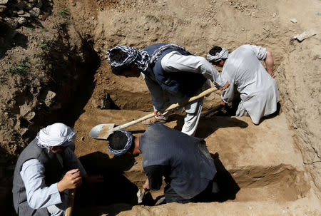 People dig graves for the victims of Friday's attack at a Shi'ite Muslim mosque in Kabul, Afghanistan August 26, 2017. REUTERS/Mohammad Ismail