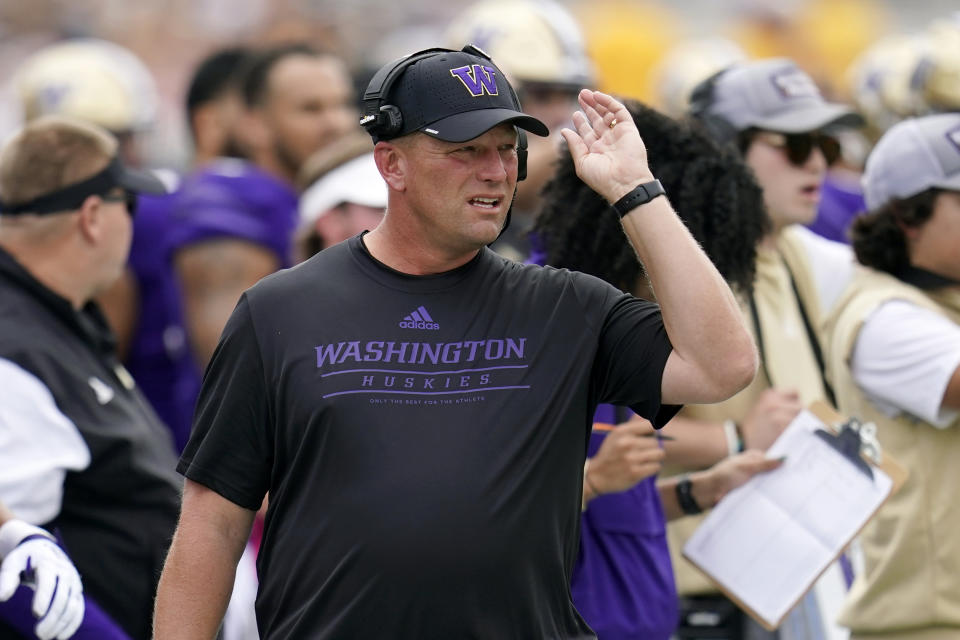 FILE - Washington head coach Kalen DeBoer paces the sideline during the first half of an NCAA college football game against Arizona State in Tempe, Ariz., Saturday, Oct. 8, 2022. DeBoer earned AP All-Pac-12 coach of the year honors on Thursday, Dec. 8. (AP Photo/Ross D. Franklin, File)