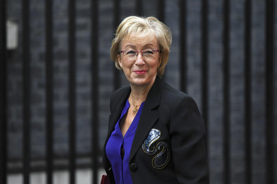 Andrea Leadsom, Secreatary of State for Business, Energy and Industrial Strategy, arrives at Downing Street in London, Wednesday, Sept. 4, 2019. With Britain's prime minister weakened by a major defeat in Parliament, defiant lawmakers were moving Wednesday to bar Boris Johnson from pursuing a "no-deal" departure from the European Union. (AP Photo/Alberto Pezzali)