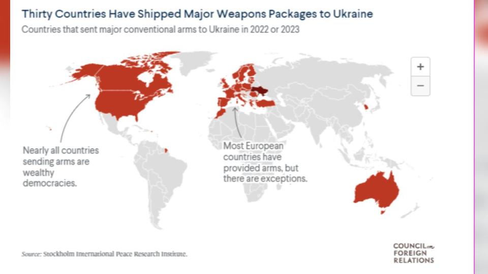 30個國家向烏克蘭提供大規模武器軍援。（圖／翻攝自CFR）
