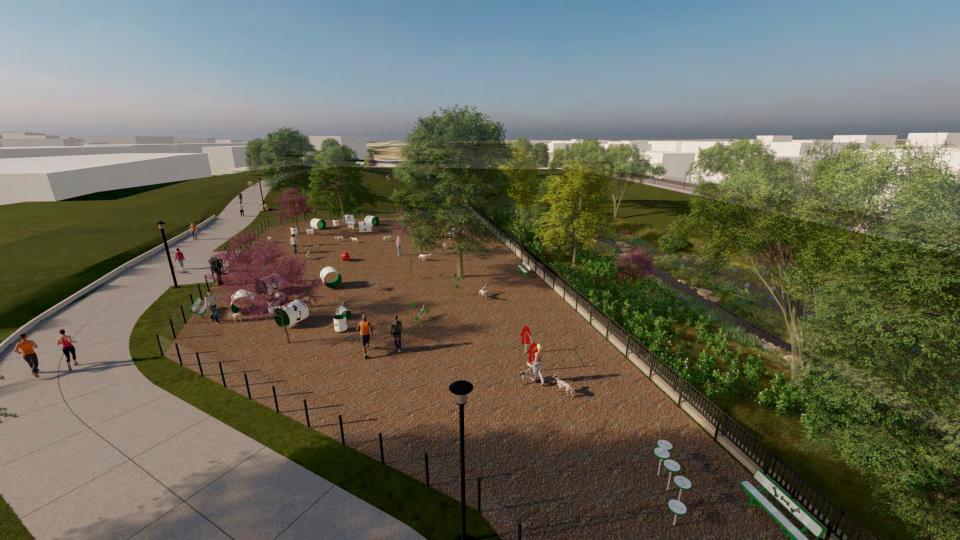 A rendering of the Renew Jordan Creek project, which is anticipated to begin construction mid-2024 and will include pedestrianizing Water Street. The goal of the project is to mitigate flooding and create a welcoming space where nature and urban life can meet.