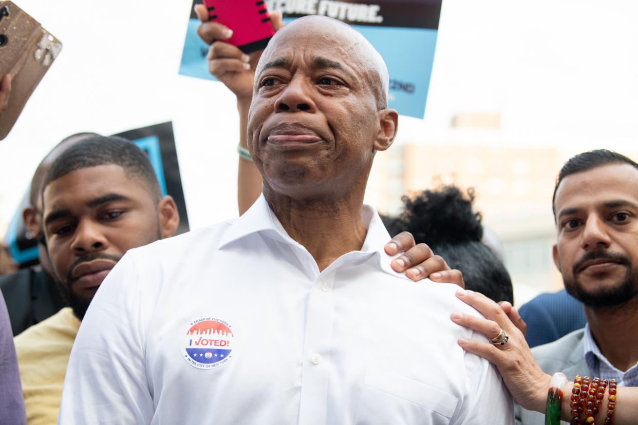 Eric Adams gets emotional when talking about the death of his mother while talking to the media after voting at P.S. 81 on Tuesday, June 22, 2021, in Brooklyn, New York.