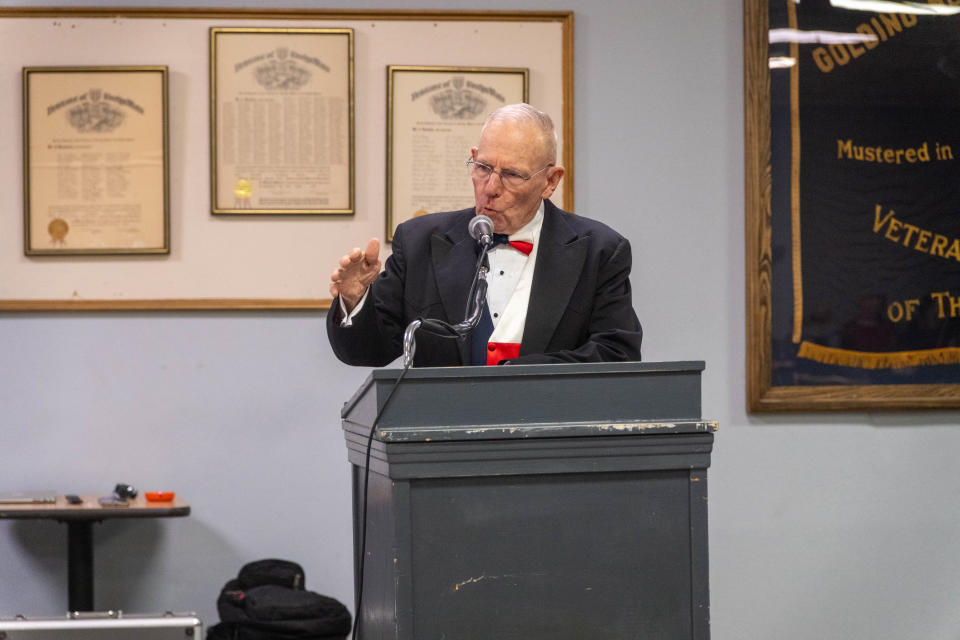 Retired Sgt. Major Harold Overstreet addresses the crowd Friday night at the Marine Corps birthday event in Amarillo.