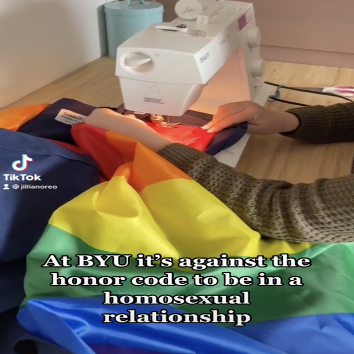 Jillian's sister stitches the Pride flag into the robe as text on screen explains BYU's Honor Code