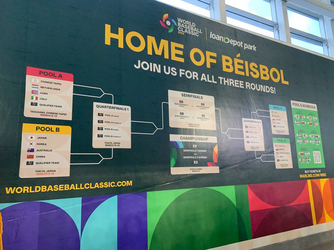 The “Home of Béisbol” mural in the left-field concourse at loanDepot park shows the bracket for the 2023 World Baseball Classic. loanDepot park will host in every stage of the tournament — pool play, quarterfinals, semifinal and championship — this year.
